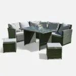 Corner Rattan Sofa Set Dining Table | 2 Poufs Garden Furniture