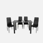 Black Glass Dining Table Set with 4 Grey Faux Leather Chairs
