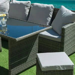 outdoor rattan sofa set with table and cushioned seating