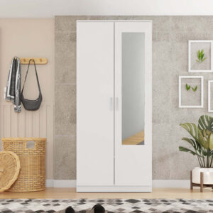 white wardrobe with mirror and hanging storage rail