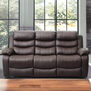 Brown leather recliner sofa three seats front view