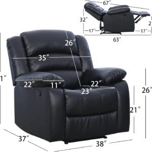 Comfortable black leather recliner armchair relaxation scene measurements
