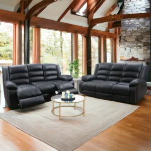 Elegant black leather reclining sofa side view