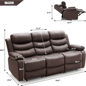 Elegant brown leather reclining sofa side view measurements