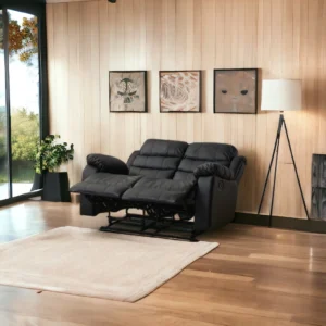 Modern black leather recliner loveseat detail close-up
