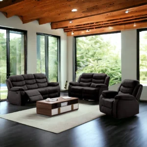Comfortable Brown Leather Recliner Chair, loveseat and three seater sofa Relaxation Scene