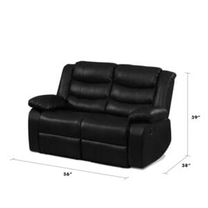 Contemporary black leather dual seat recliner sofa lifestyle image measurements