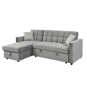 Grey sofa bed converted into guest bed