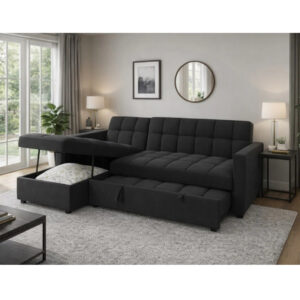 Modern black pull-out sofa bed with hidden storage