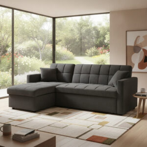 Black sofa bed converted into sleeping position